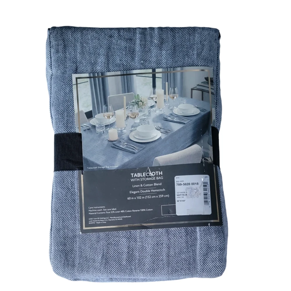 Fieldcrest Luxury Cotton Linen Harringbone Tablecloth 60 x 102 Navy Blue
